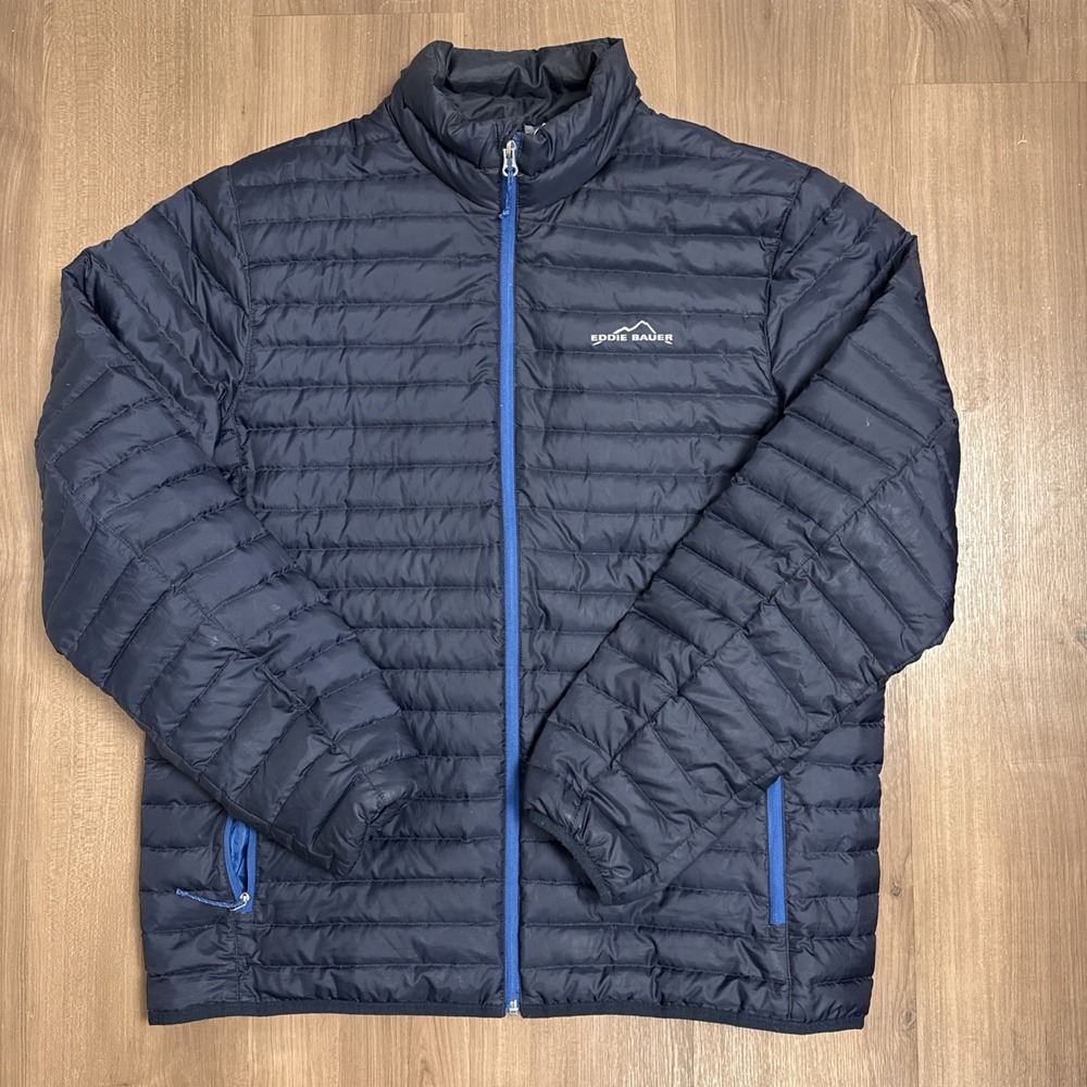 Eddie Bauer Puffer Jacket Mens L Navy Blue EB650 Quilted Down Puffer‎ Full Zip